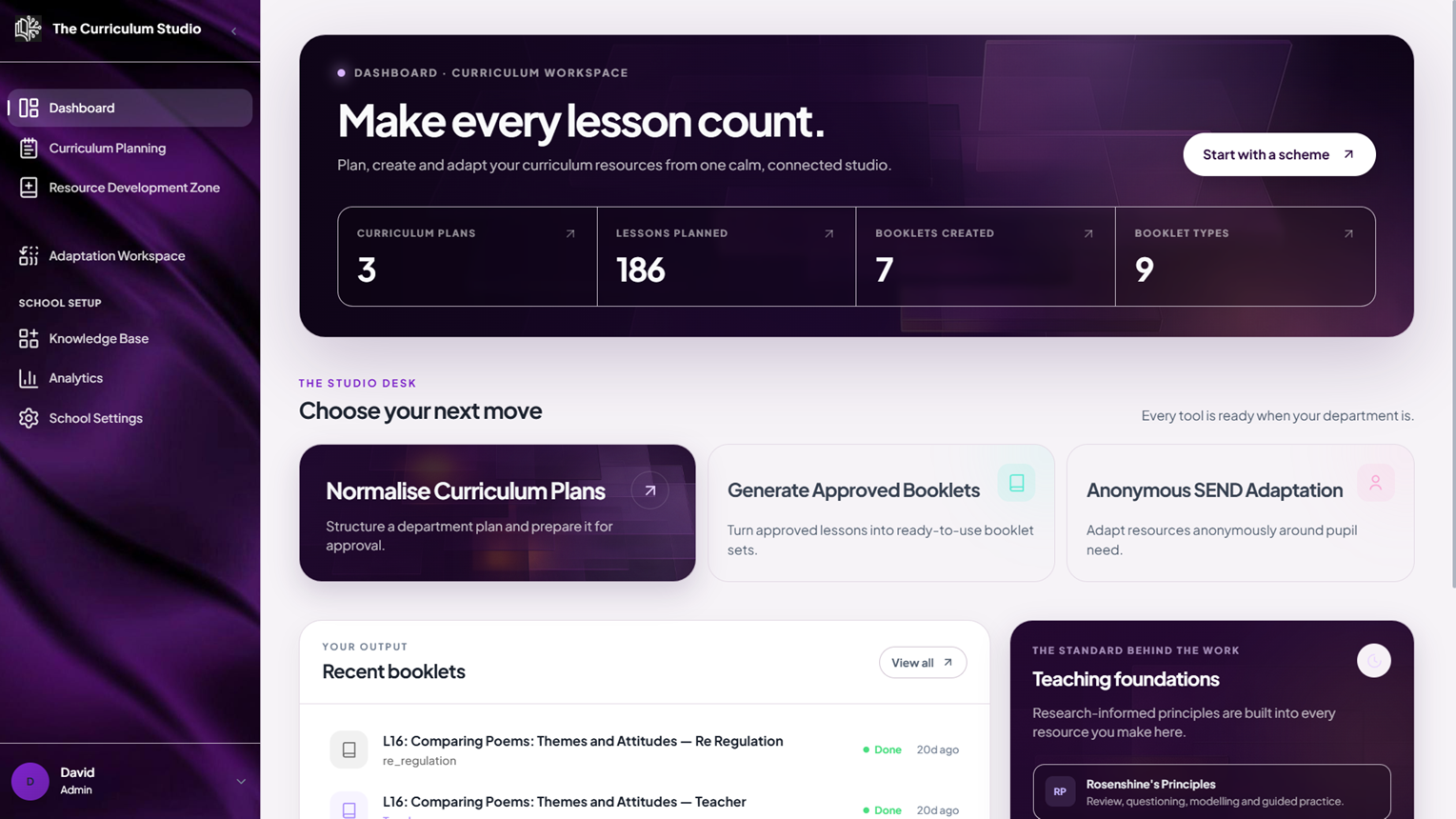The Curriculum Studio application — product view 1